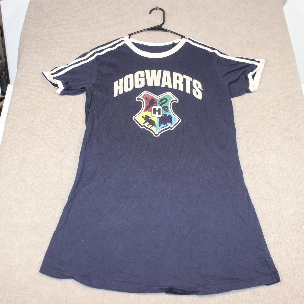 Harry Potter Hogwarts Crest Ringer T-Shirt Dress Navy Blue White Stripes Large